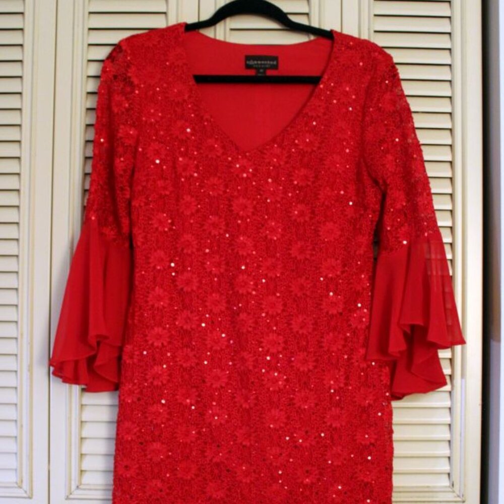 Connected Apparel Red Sequin & Lace Cocktail Dress - Size 4P